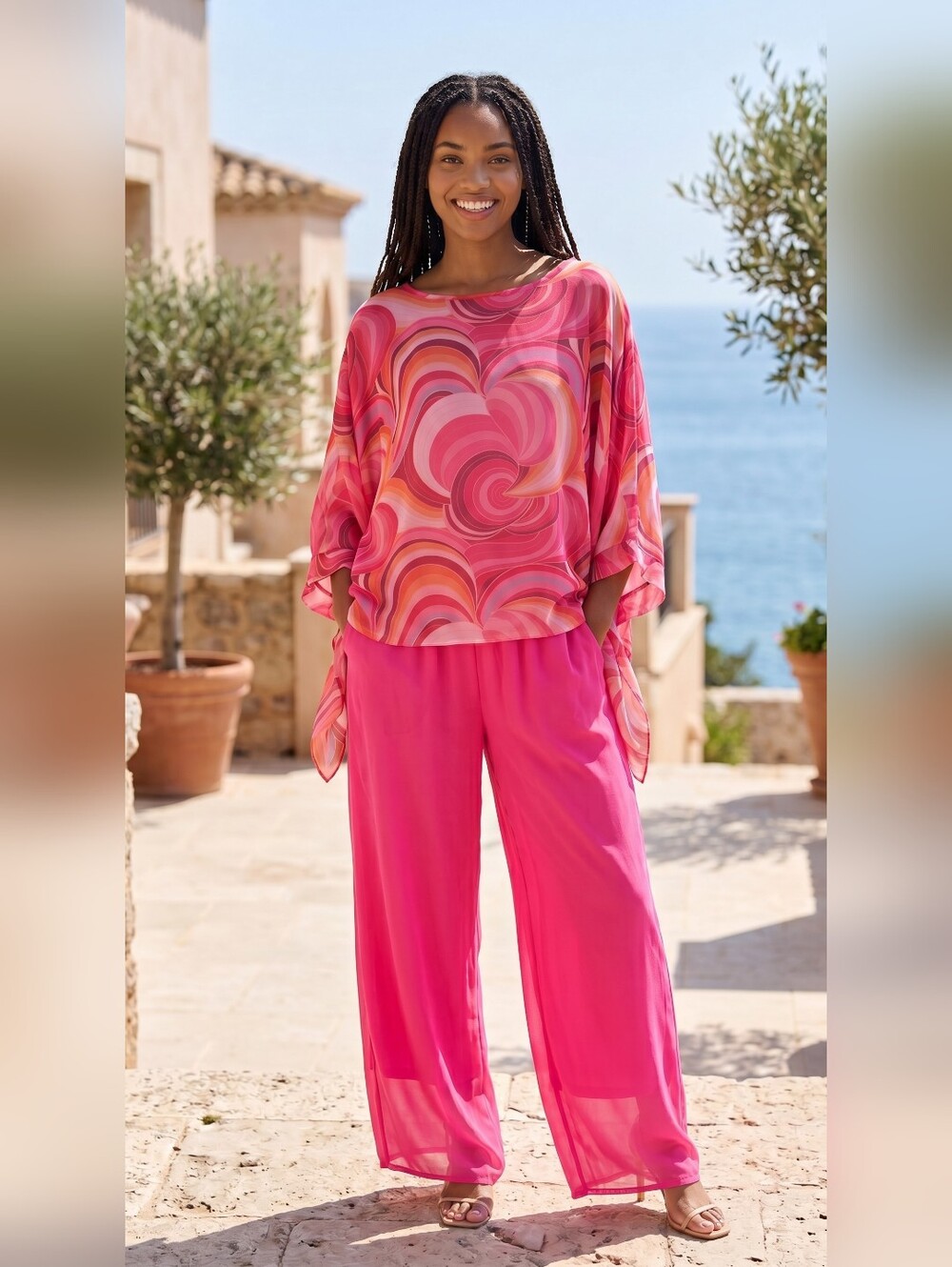 Pink Swirl Print Relaxed Top & Pants Set Women's 2 Piece Loungewear Boho - Picture 5 of 8